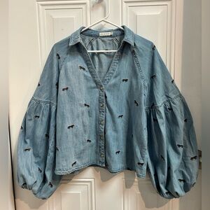 Avec Les Filles blue denim Embroidered Horses Puff Sleeves.